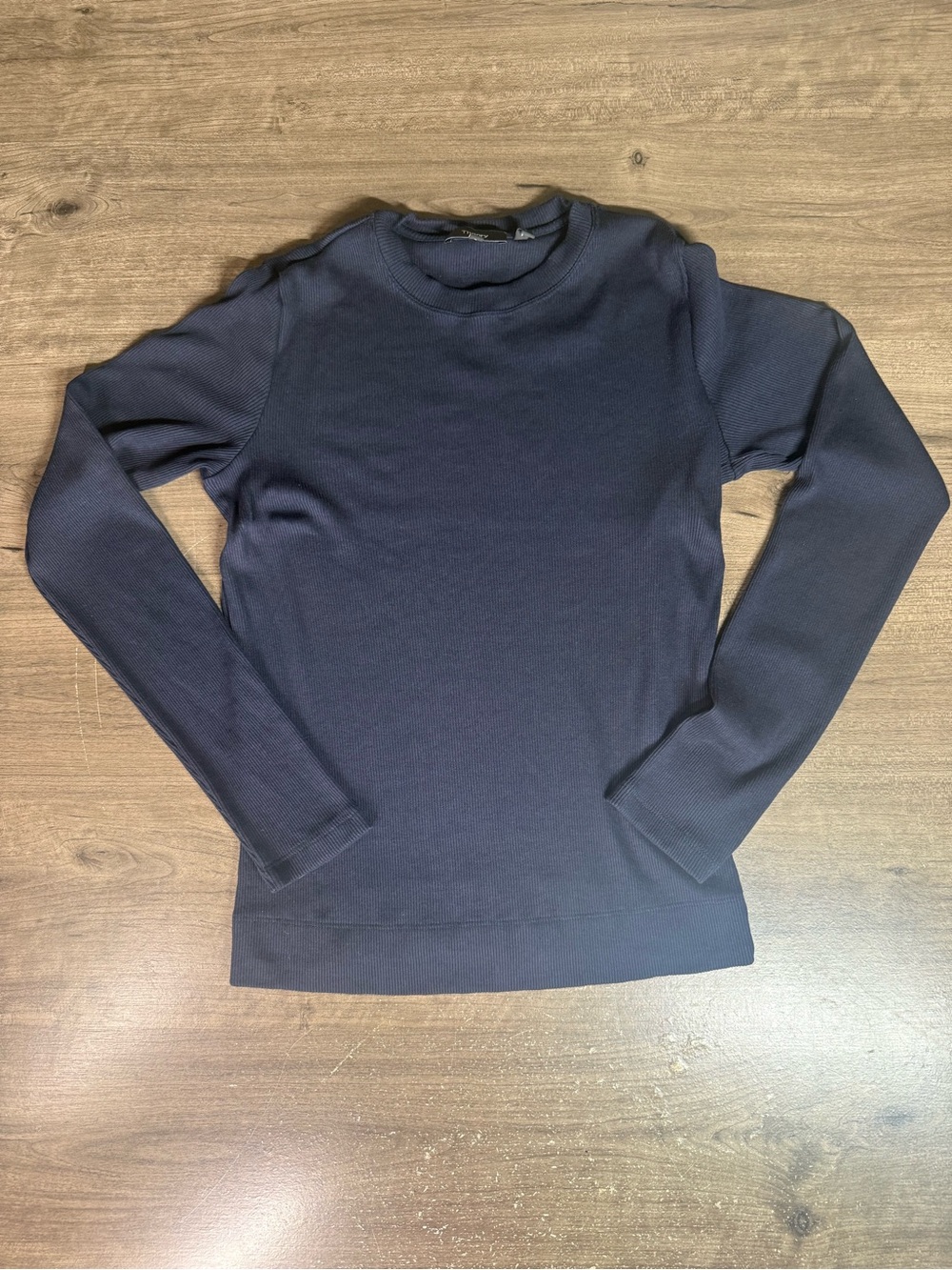 Theory Women L Tiny Tee LS Compact Rib Navy Pima Cotton Modal Fitted Long Sleeve